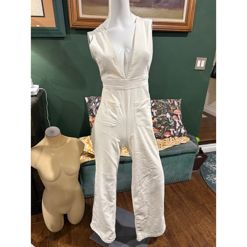 Sincerely Jules Cream Denim Wide Leg Jumpsuit Deep V-Neck Size Medium Mens
